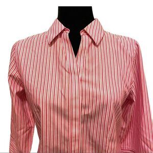 Chico's Striped Button-Front Blouse – Size 0 (S) – Pink & White – 3/4 Sleeve